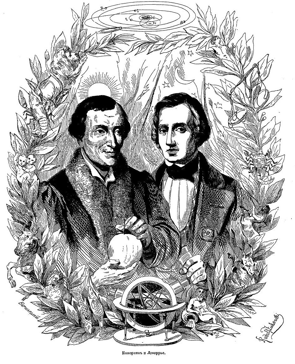 Le Verrier and Adams with celestial globe and armillary sphere