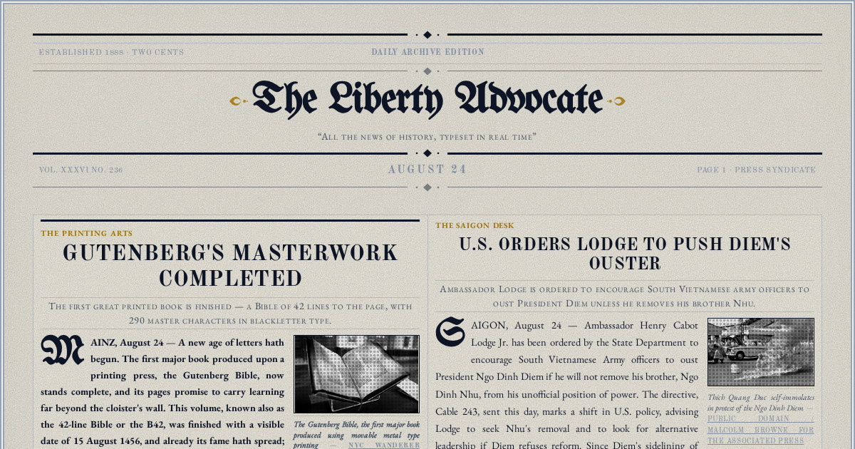 The Yesterday Times front page for August 24: Gutenberg's Masterwork Completed