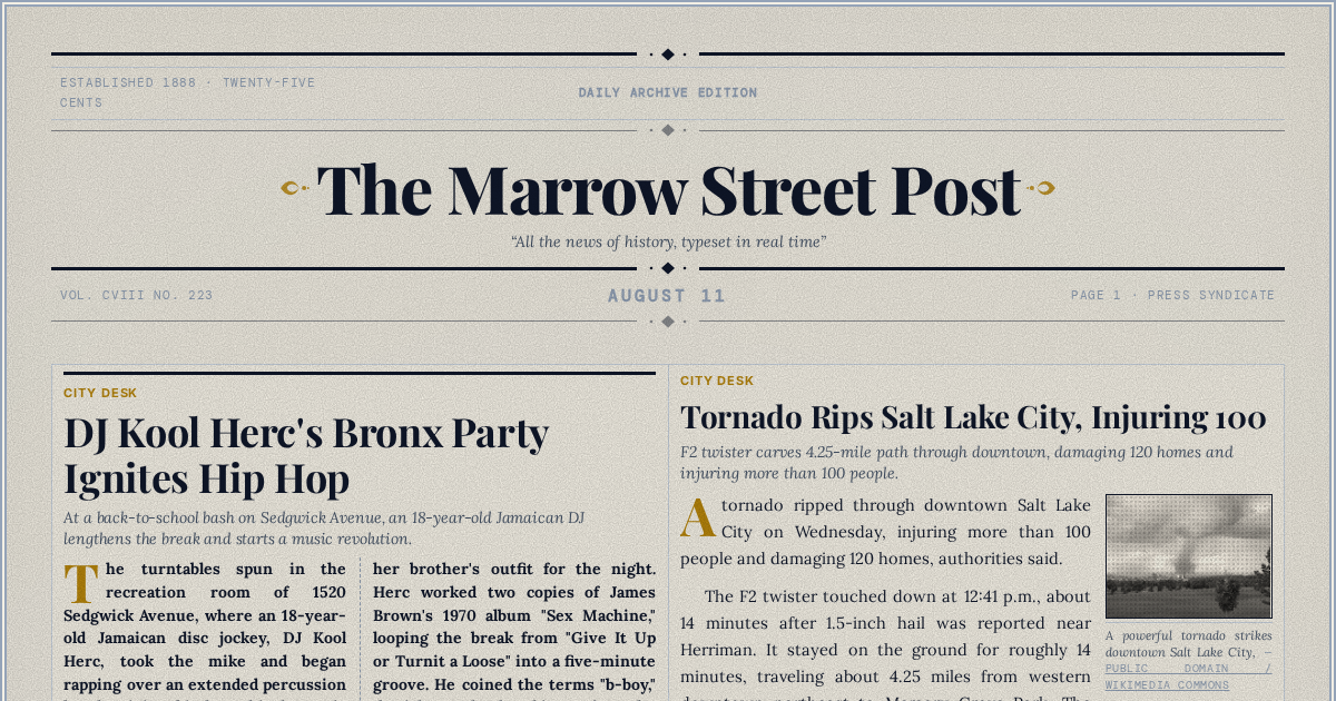 The Yesterday Times front page for August 11: DJ Kool Herc's Bronx Party Ignites Hip Hop
