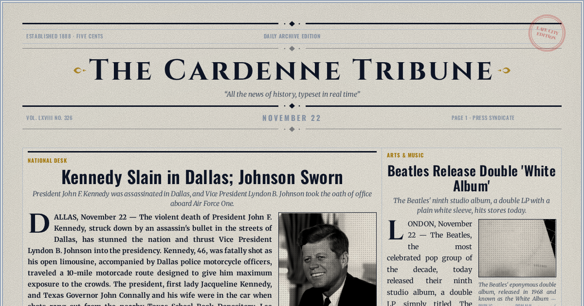 The Yesterday Times front page for November 22: Kennedy Slain in Dallas; Johnson Sworn