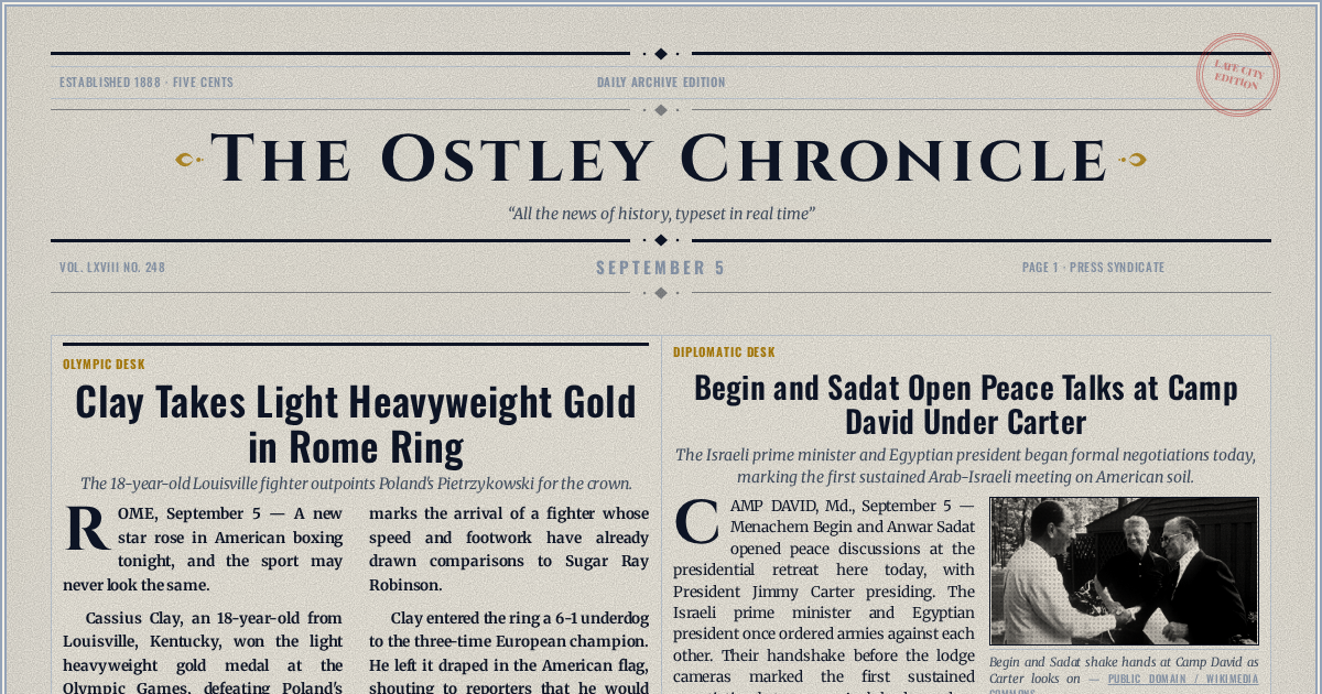 The Yesterday Times front page for September 5: Clay Takes Light Heavyweight Gold in Rome Ring