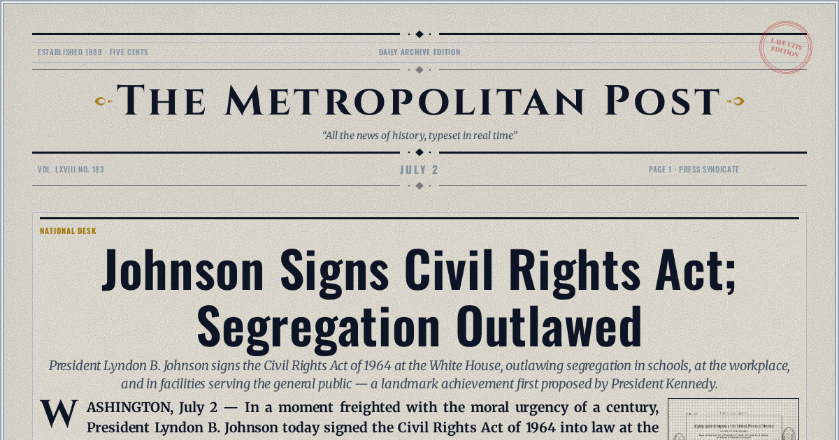 The Yesterday Times front page for July 2: Johnson Signs Civil Rights Act; Segregation Outlawed