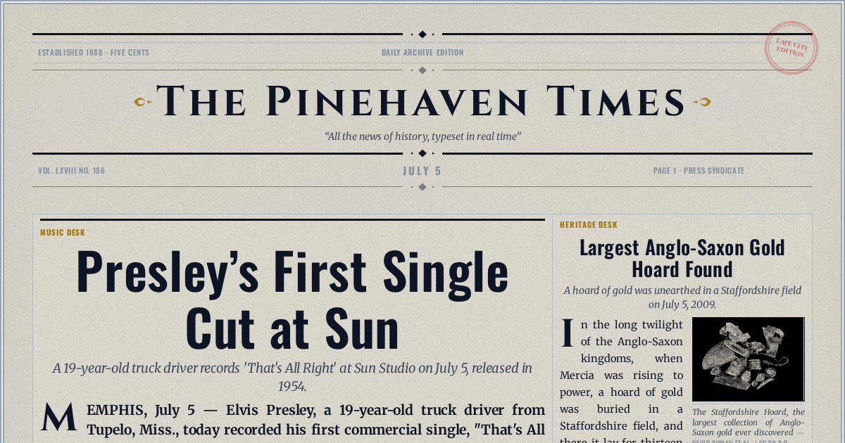 The Yesterday Times front page for July 5: Presley’s First Single Cut at Sun