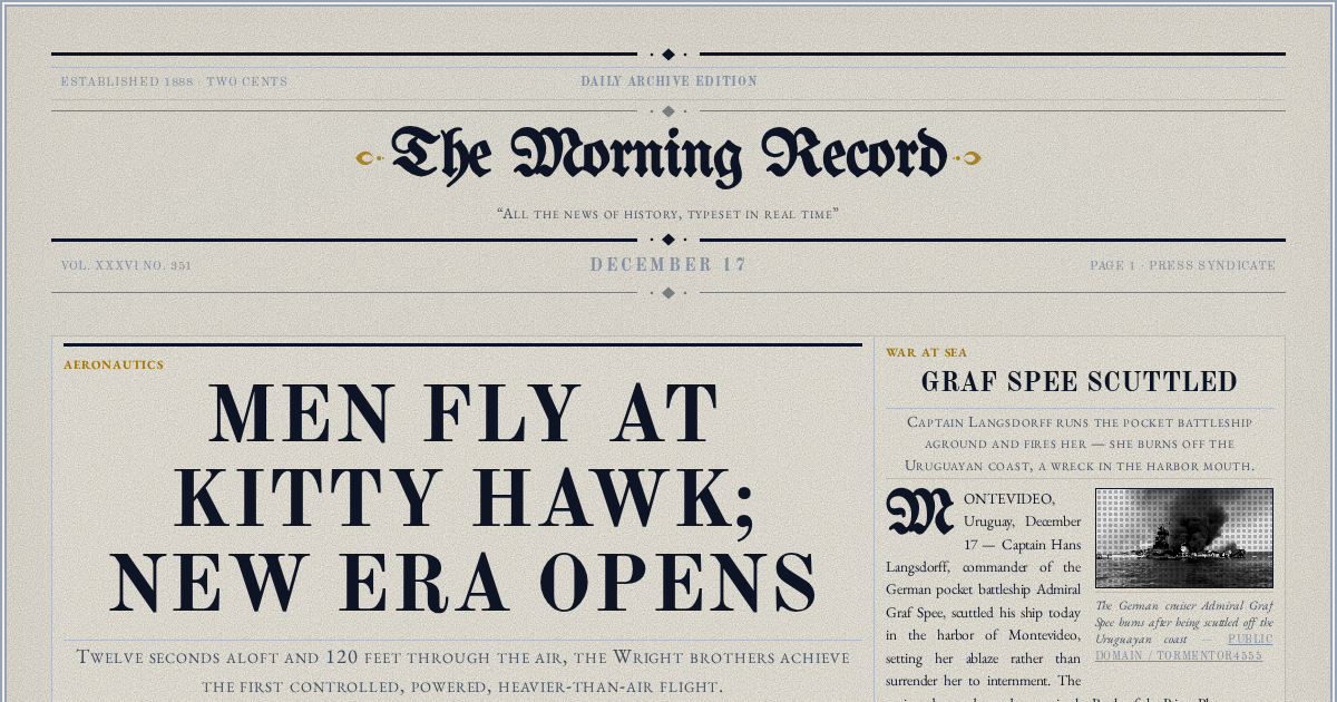 The Yesterday Times front page for December 17: Men Fly at Kitty Hawk; New Era Opens
