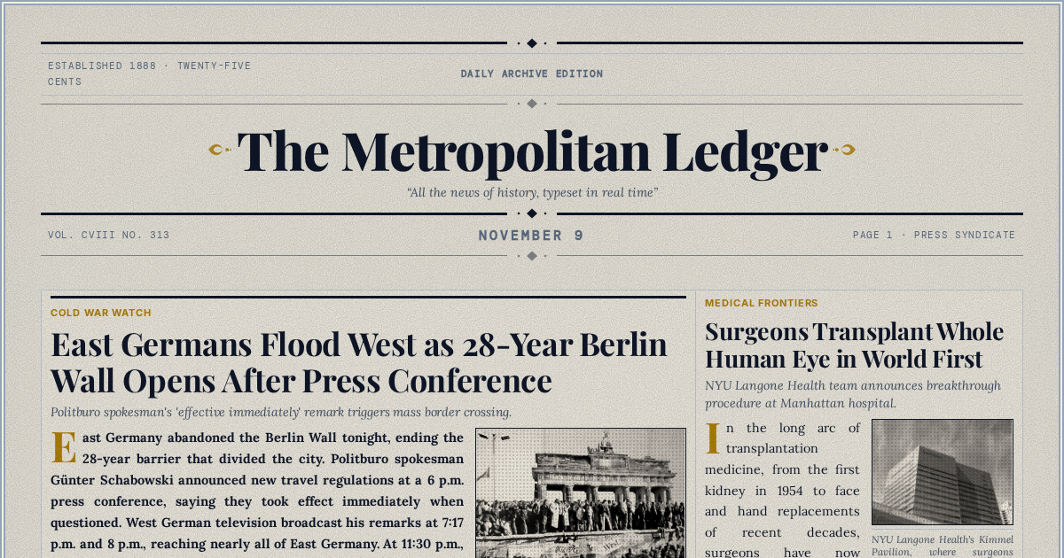 The Yesterday Times front page for November 9: East Germans Flood West as 28-Year Berlin Wall Opens After Press Conference