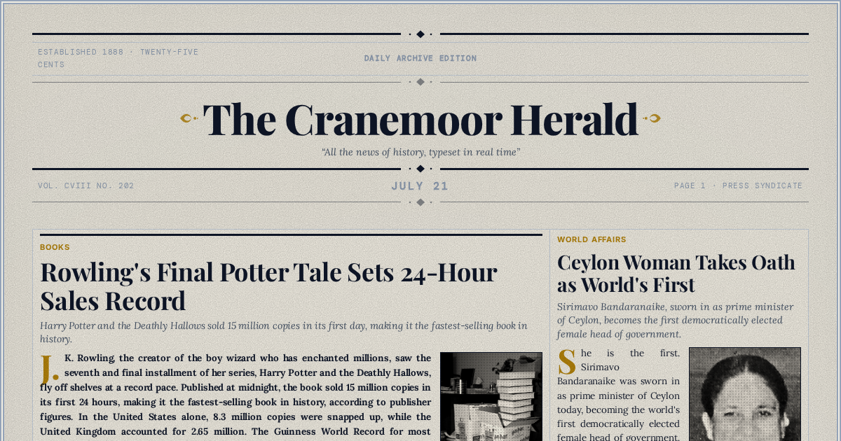 The Yesterday Times front page for July 21: Rowling's Final Potter Tale Sets 24-Hour Sales Record