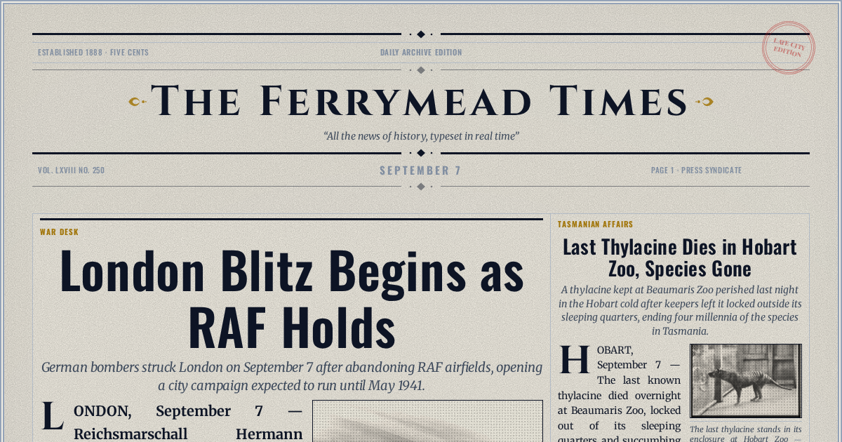 The Yesterday Times front page for September 7: London Blitz Begins as RAF Holds