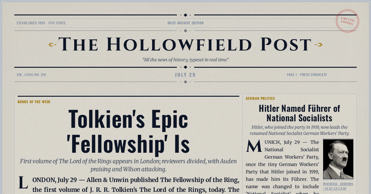The Yesterday Times front page for July 29: Tolkien's Epic 'Fellowship' Is