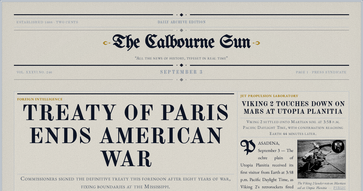 The Yesterday Times front page for September 3: Treaty of Paris Ends American War