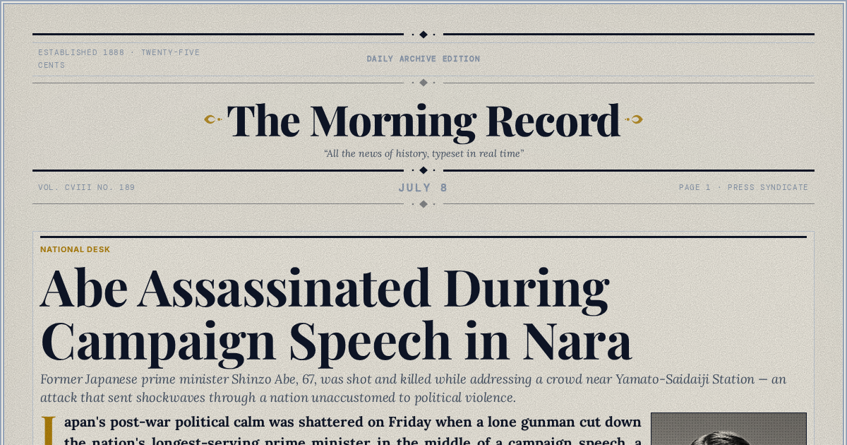 The Yesterday Times front page for July 8: Abe Assassinated During Campaign Speech in Nara