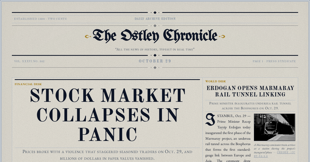 The Yesterday Times front page for October 29: Stock Market Collapses in Panic