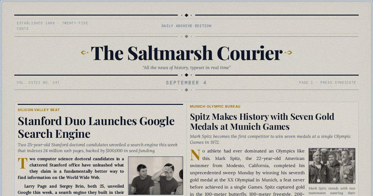 The Yesterday Times front page for September 4: Stanford Duo Launches Google Search Engine