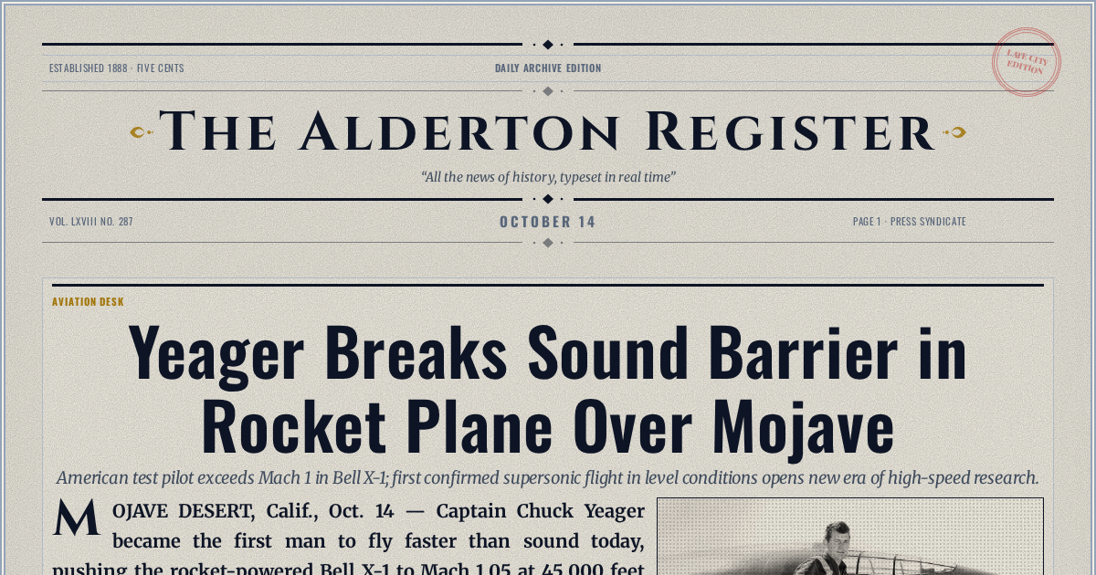 The Yesterday Times front page for October 14: Yeager Breaks Sound Barrier in Rocket Plane Over Mojave