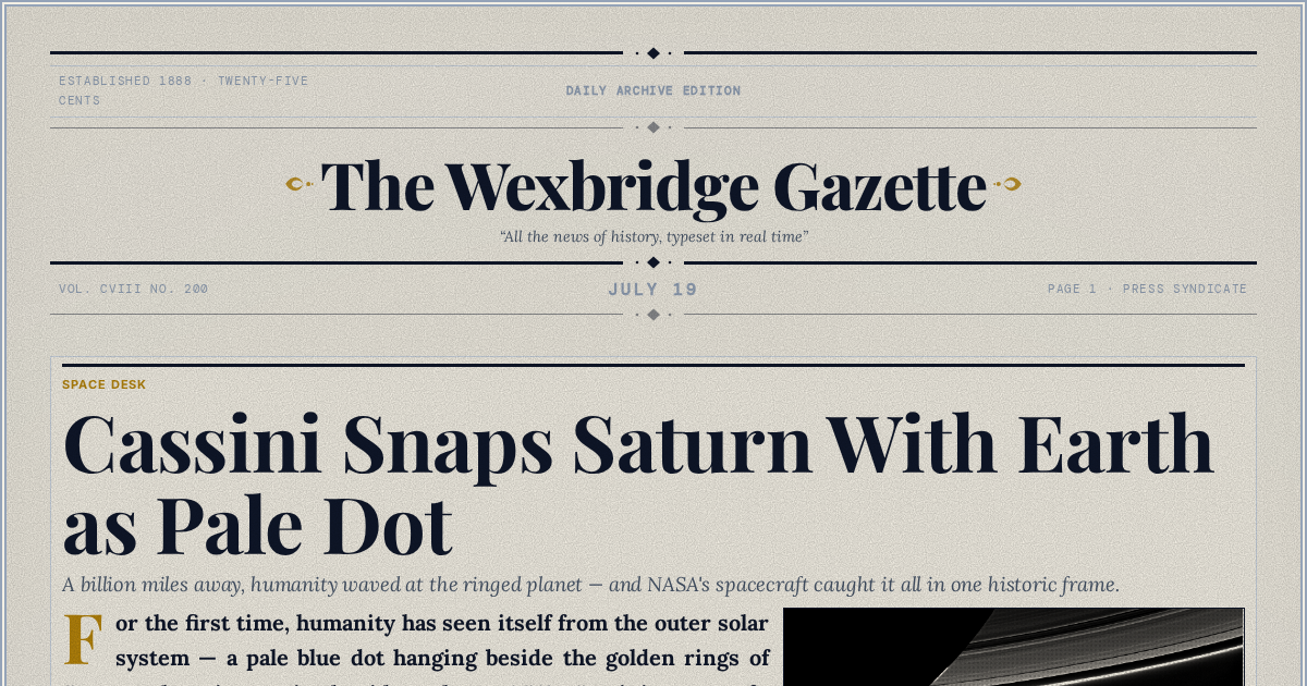 The Yesterday Times front page for July 19: Cassini Snaps Saturn With Earth as Pale Dot