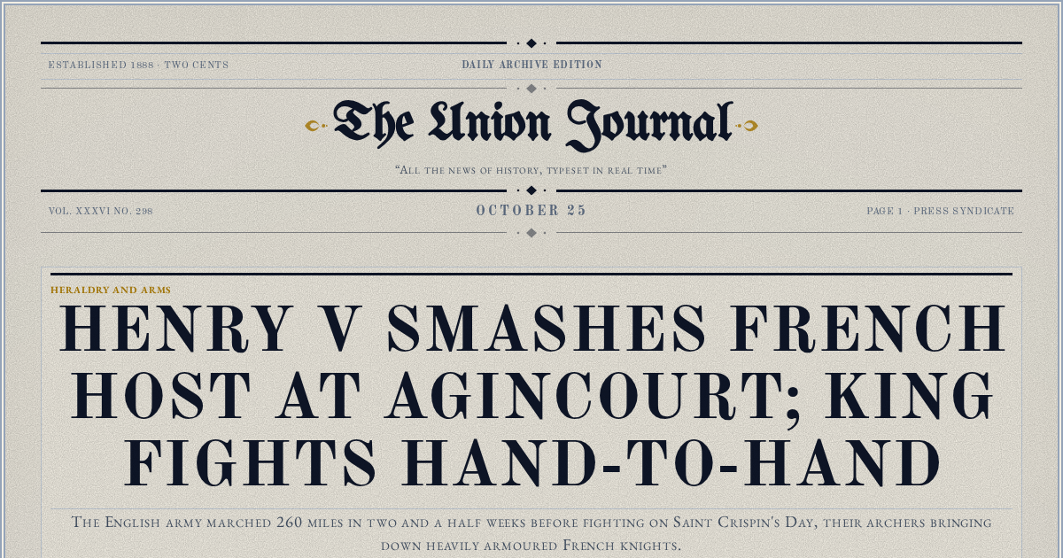 The Yesterday Times front page for October 25: Henry V Smashes French Host at Agincourt; King Fights Hand-to-Hand