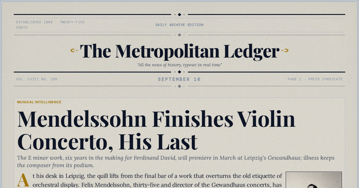 The Yesterday Times front page for September 16: Mendelssohn Finishes Violin Concerto, His Last