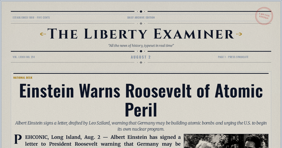 The Yesterday Times front page for August 2: Einstein Warns Roosevelt of Atomic Peril