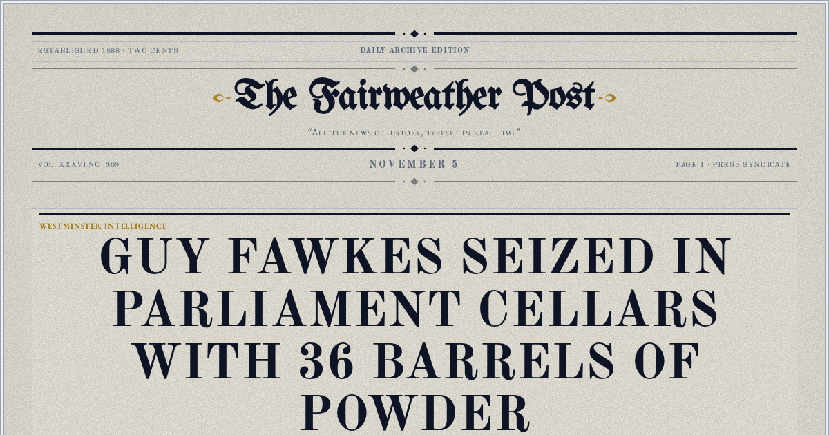 The Yesterday Times front page for November 5: Guy Fawkes Seized in Parliament Cellars With 36 Barrels of Powder