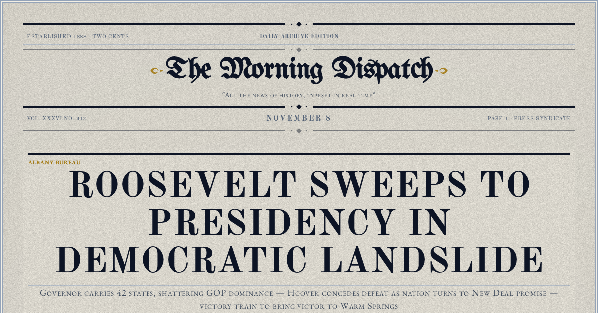 The Yesterday Times front page for November 8: Roosevelt Sweeps to Presidency in Democratic Landslide