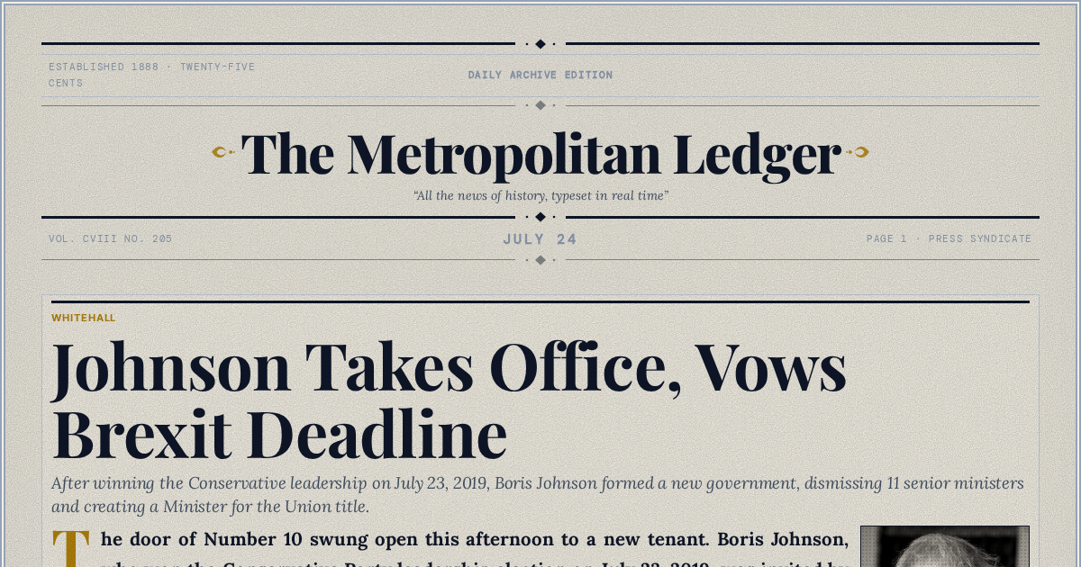 The Yesterday Times front page for July 24: Johnson Takes Office, Vows Brexit Deadline
