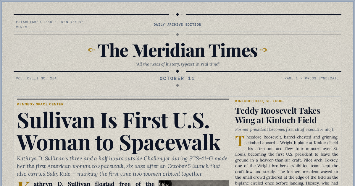 The Yesterday Times front page for October 11: Sullivan Is First U.S. Woman to Spacewalk