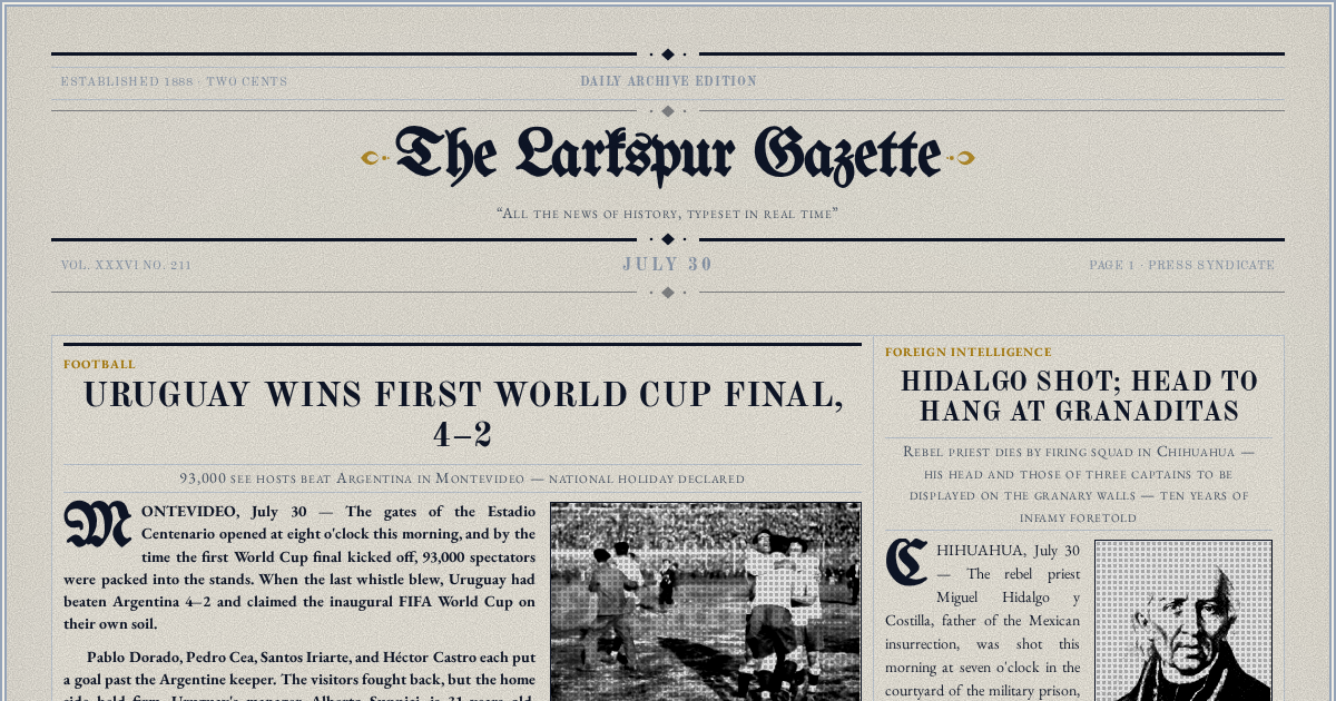 The Yesterday Times front page for July 30: Uruguay Wins First World Cup Final, 4–2