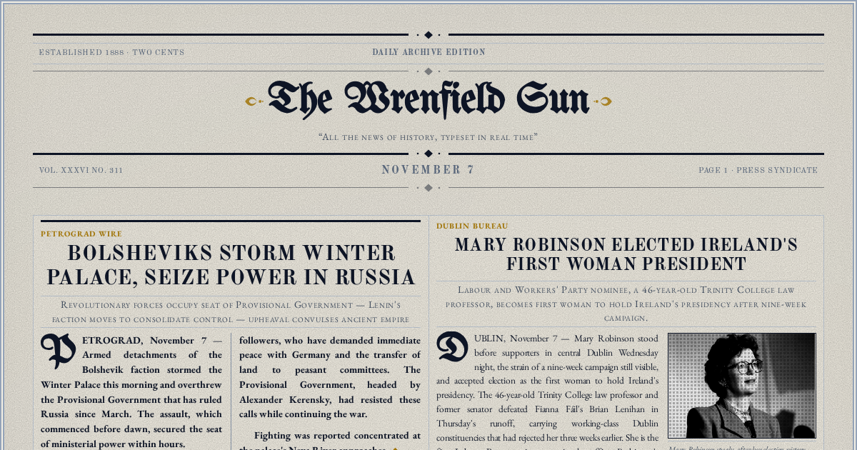 The Yesterday Times front page for November 7: Bolsheviks Storm Winter Palace, Seize Power in Russia