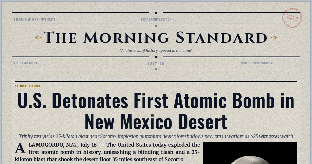 The Yesterday Times front page for July 16: U.S. Detonates First Atomic Bomb in New Mexico Desert