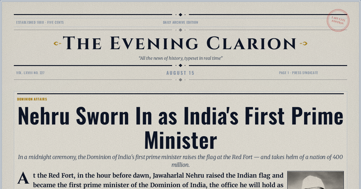The Yesterday Times front page for August 15: India Wins Freedom; Joins Commonwealth