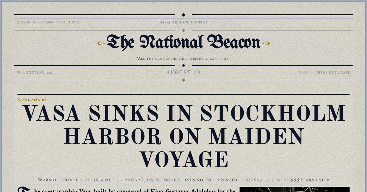 The Yesterday Times front page for August 10: Vasa Sinks in Stockholm Harbor on Maiden Voyage