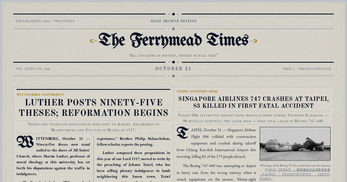 The Yesterday Times front page for October 31: Luther Posts Ninety-five Theses; Reformation Begins