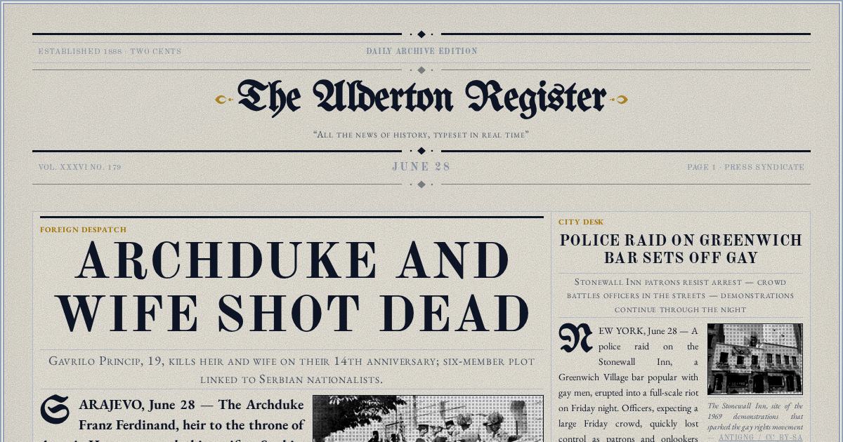 The Yesterday Times front page for June 28: Archduke and Wife Shot Dead