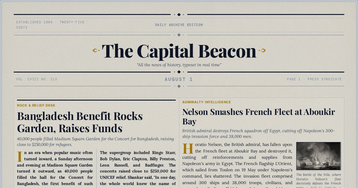 The Yesterday Times front page for August 1: Bangladesh Benefit Rocks Garden, Raises Funds