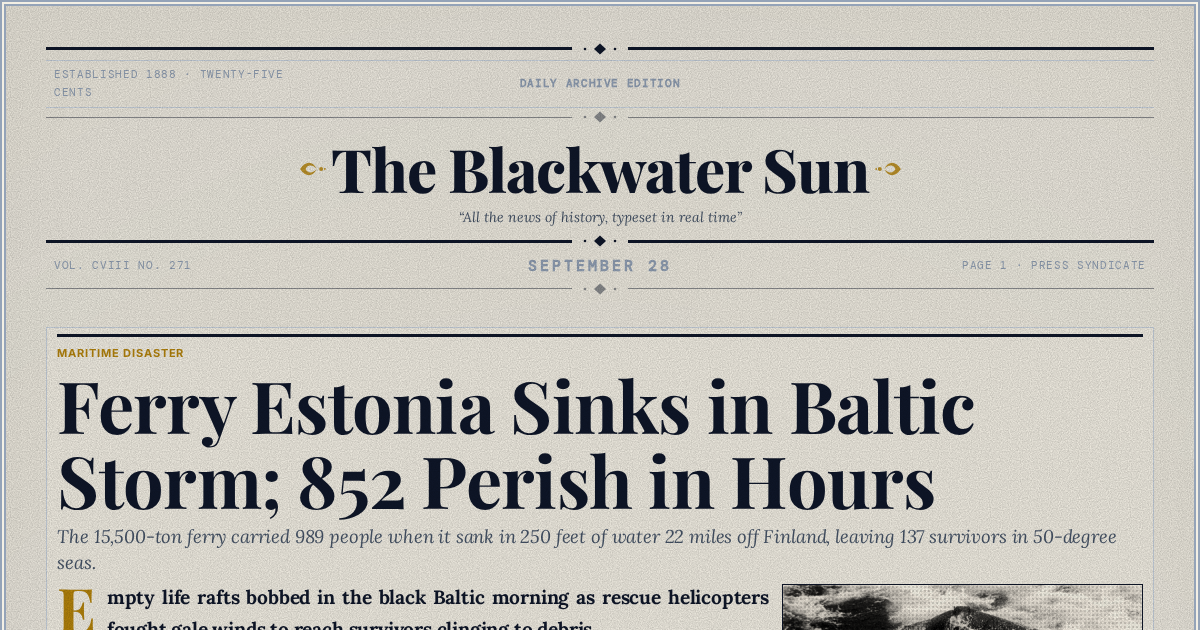 The Yesterday Times front page for September 28: Ferry Estonia Sinks in Baltic Storm; 852 Perish in Hours