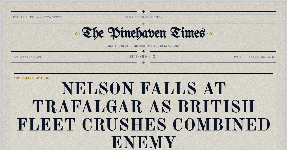 The Yesterday Times front page for October 21: Nelson Falls at Trafalgar as British Fleet Crushes Combined Enemy