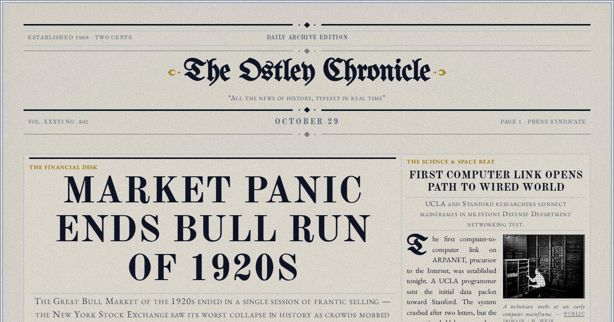 The Yesterday Times front page for October 29: Market Panic Ends Bull Run of 1920s