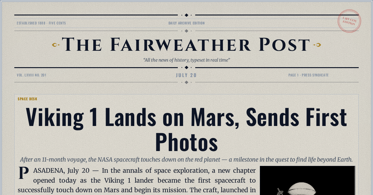 The Yesterday Times front page for July 20: Viking 1 Lands on Mars, Sends First Photos