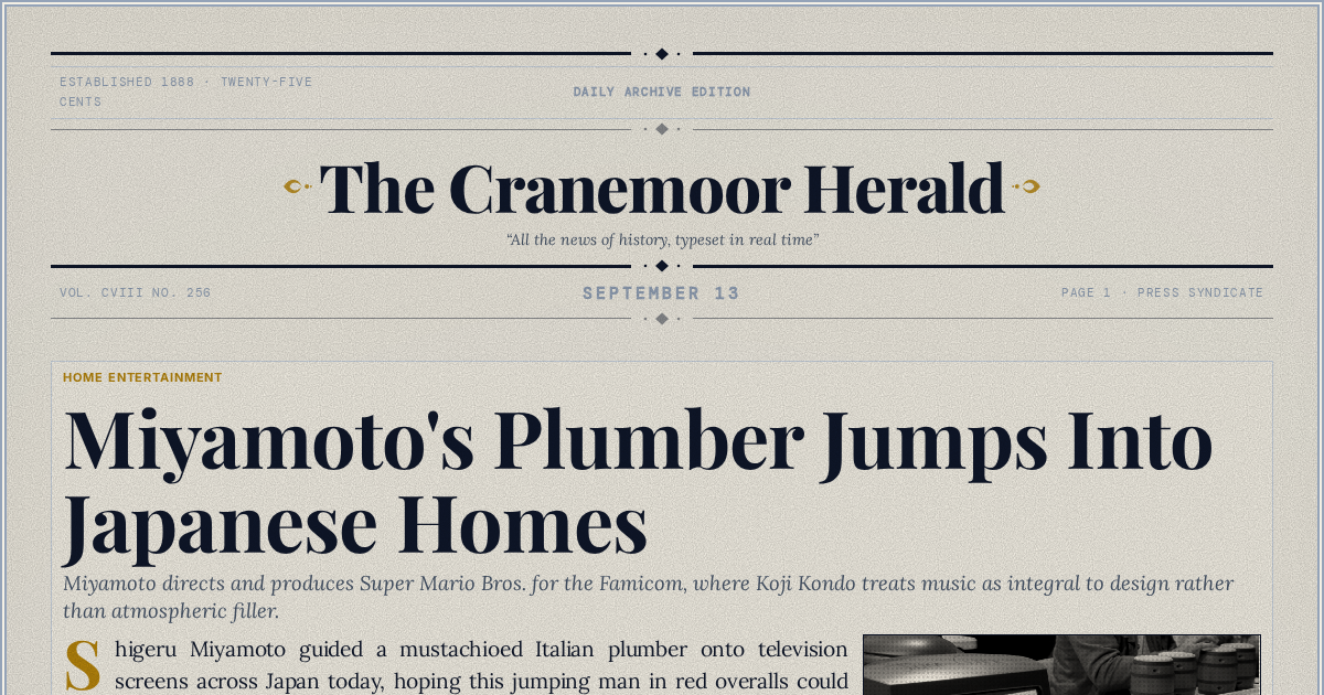 The Yesterday Times front page for September 13: Miyamoto's Plumber Jumps Into Japanese Homes