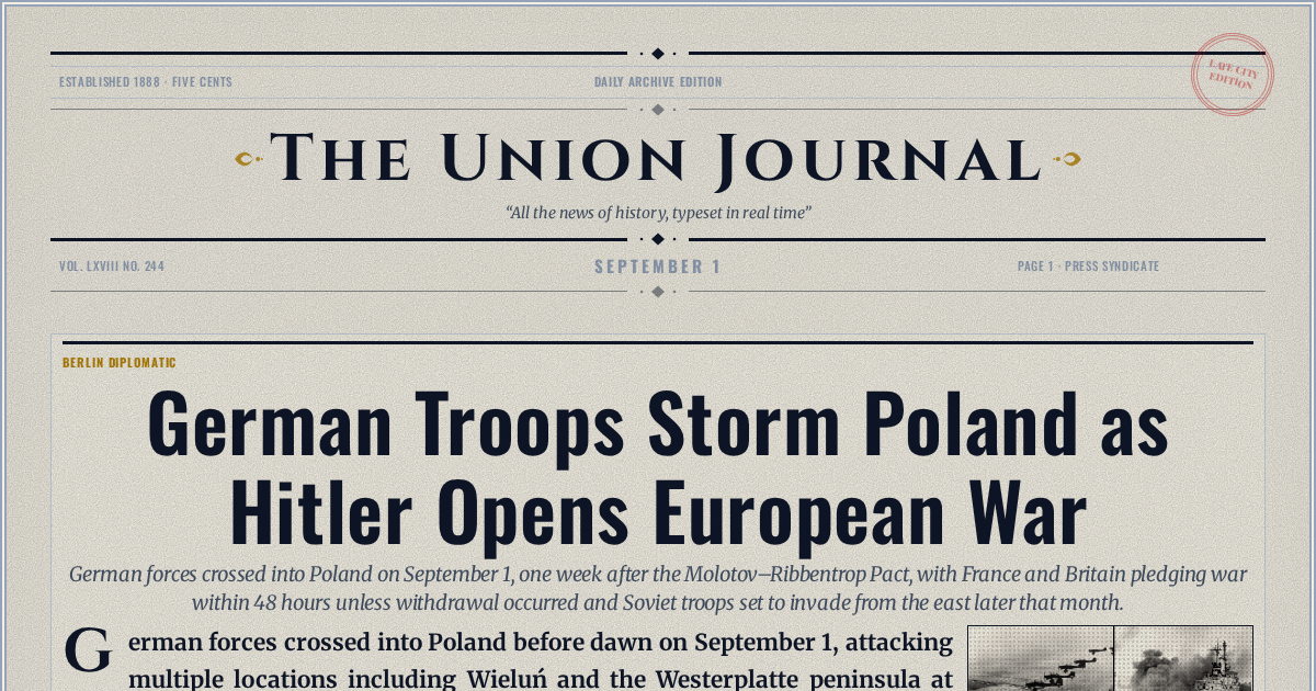 The Yesterday Times front page for September 1: German Troops Storm Poland as Hitler Opens European War