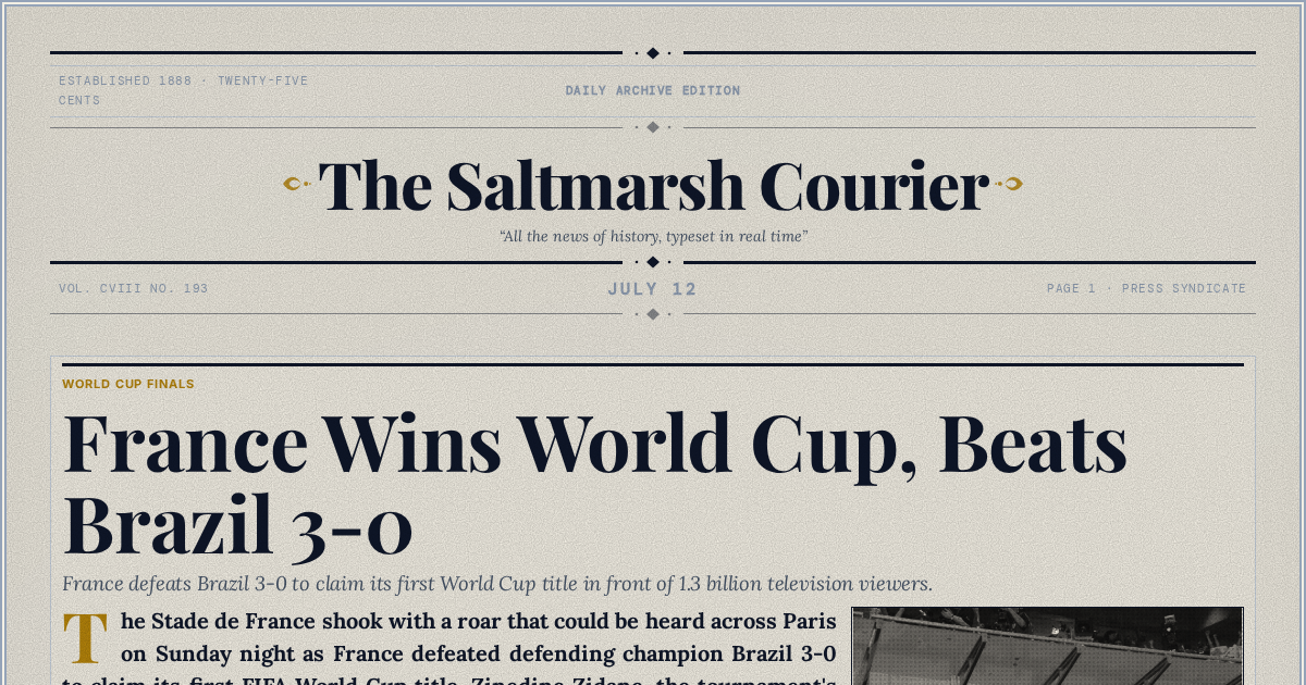 The Yesterday Times front page for July 12: France Wins World Cup, Beats Brazil 3-0