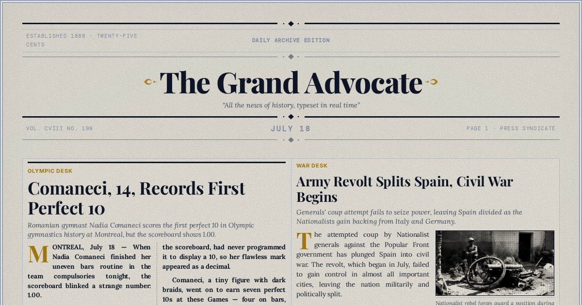 The Yesterday Times front page for July 18: Comaneci, 14, Records First Perfect 10