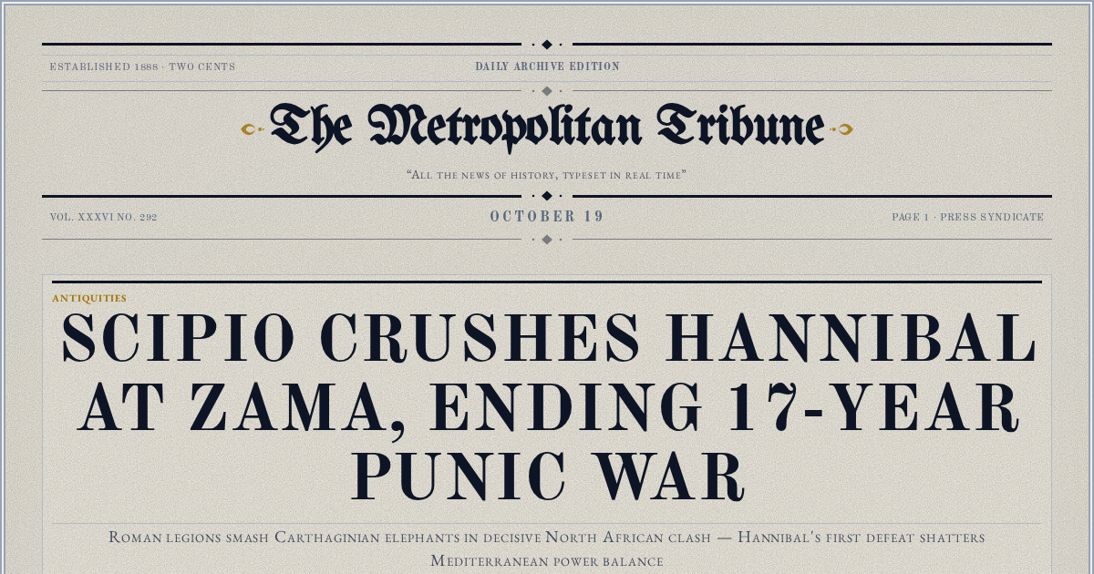 The Yesterday Times front page for October 19: Scipio Crushes Hannibal at Zama, Ending 17-Year Punic War