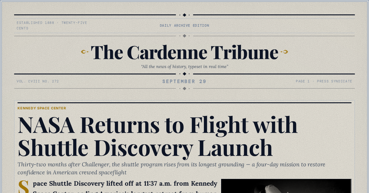 The Yesterday Times front page for September 29: NASA Returns to Flight with Shuttle Discovery Launch
