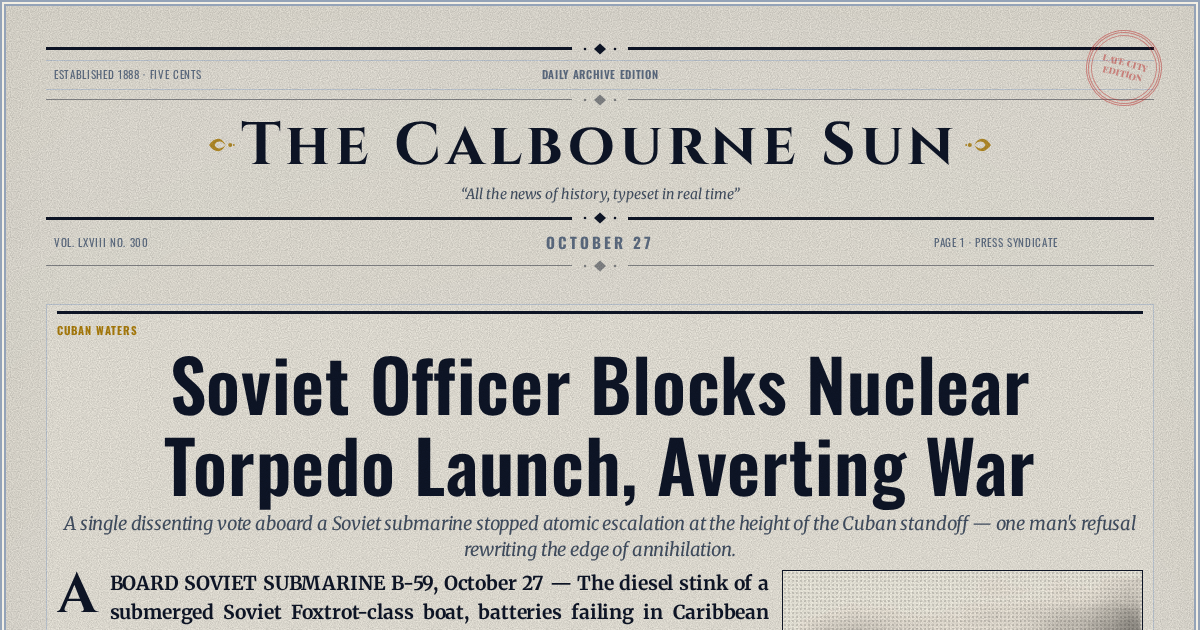 The Yesterday Times front page for October 27: Soviet Officer Blocks Nuclear Torpedo Launch, Averting War