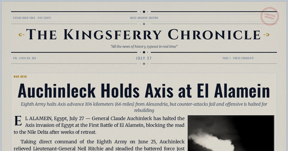 The Yesterday Times front page for July 27: Auchinleck Holds Axis at El Alamein