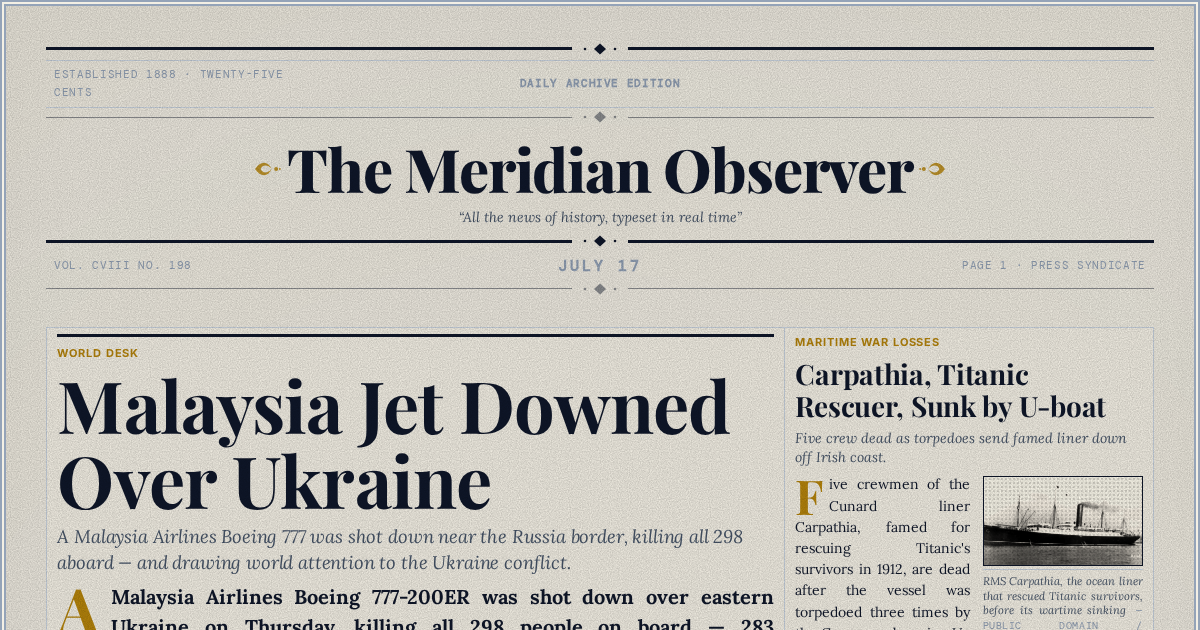The Yesterday Times front page for July 17: Malaysia Jet Downed Over Ukraine