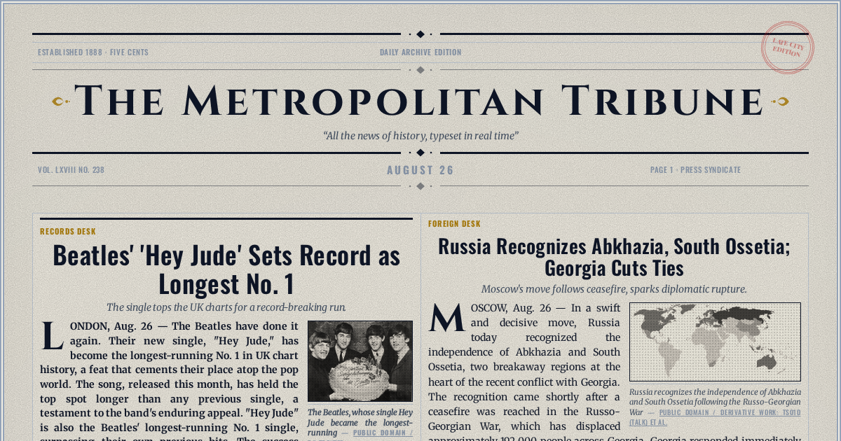 The Yesterday Times front page for August 26: Beatles' 'Hey Jude' Sets Record as Longest No. 1