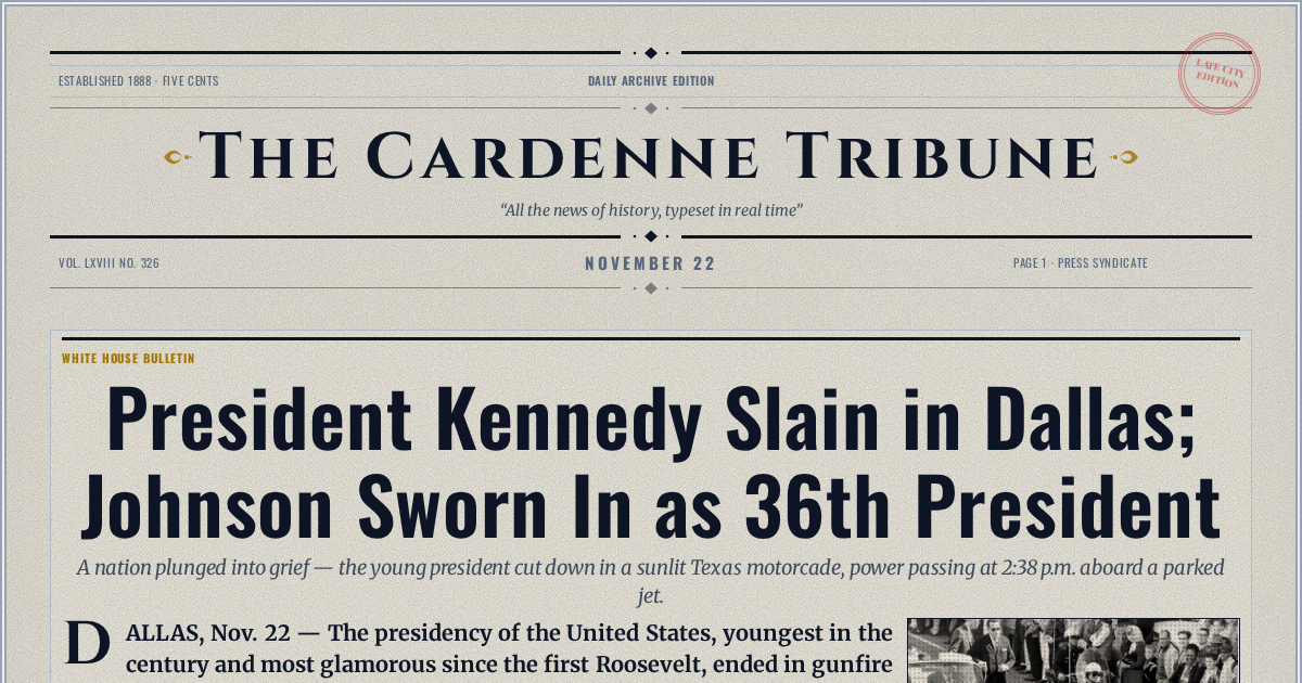 The Yesterday Times front page for November 22: President Kennedy Slain in Dallas; Johnson Sworn In as 36th President