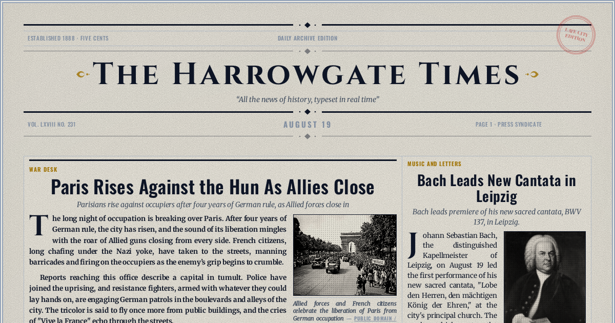 The Yesterday Times front page for August 19: Paris Rises Against the Hun As Allies Close