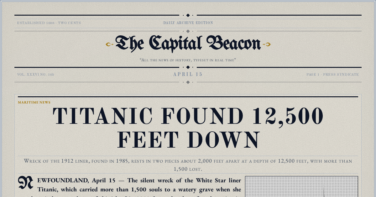 The Yesterday Times front page for April 15: Titanic Found 12,500 Feet Down